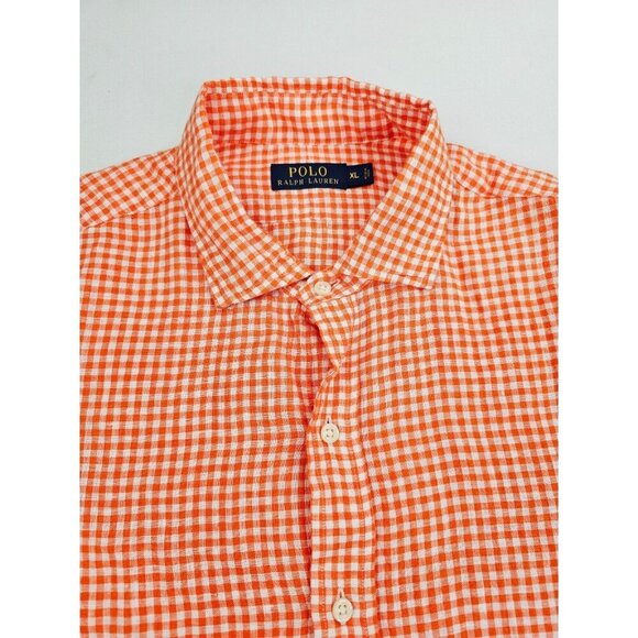 Polo Ralph Lauren Size XL Men Orange White Check Linen Spread Collar Long Sleeve - Picture 1 of 10